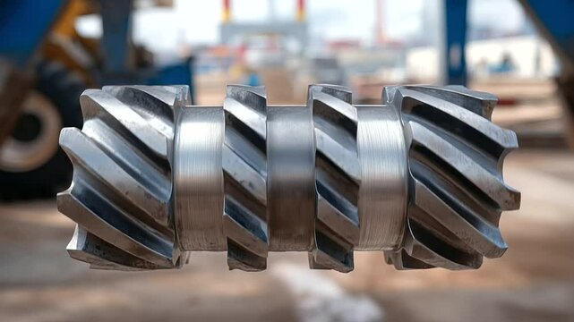 Macro shot of tractor axle gears showing worn metal textures and spiral tooth alignment, with blurred industrial background.