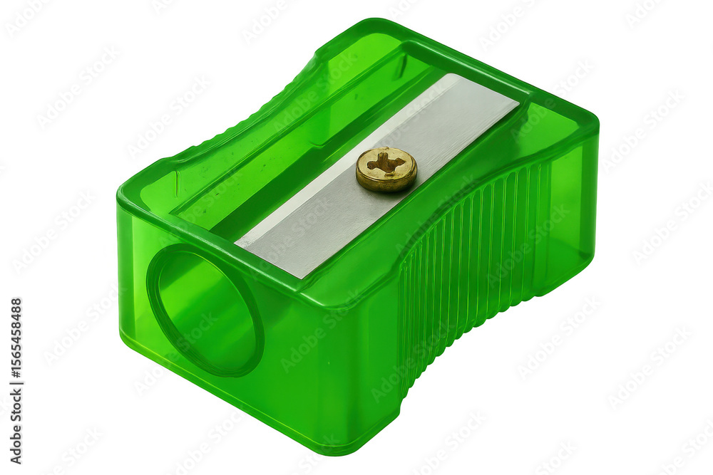Poster green plastic pencil sharpener with single blade, resting on transparent surface, showcasing minimal