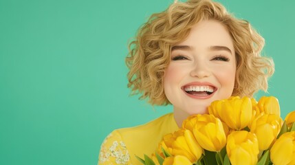 Fototapeta premium Cheerful woman and vibrant tulip blooms: A radiant woman, brimming with joy, clasps a bouquet of bright yellow tulips against a serene backdrop, embodying the pure essence of happiness and springtime.