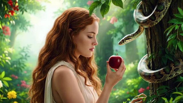 Eve Curiously Gazes at Forbidden Fruit with Coiled Serpent in Garden of Eden for Biblical Old Testament and Religious Educational Content