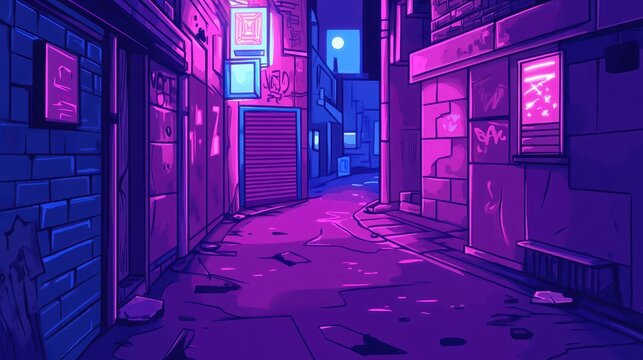 Neon-lit alleyway at night.