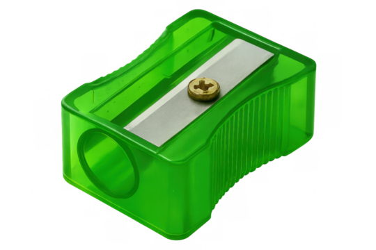 Green plastic pencil sharpener with single blade, resting on transparent surface, showcasing minimalist design and sharp functionality