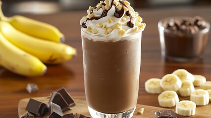 Playful chocolate banana smoothie with whipped cream and fudge sauce