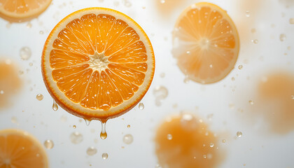 Fresh orange slices float amidst water droplets, creating a vibrant and refreshing citrus burst suitable for health and wellness promotions.
