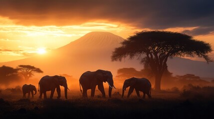 Elephants at sunset in Africa