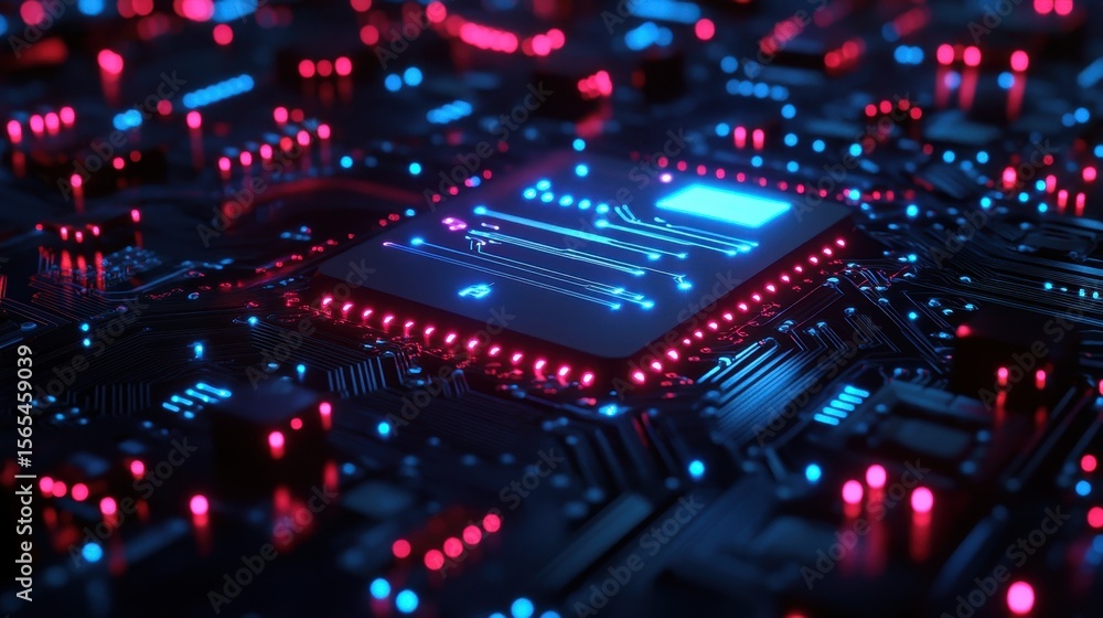 Poster a captivating closeup of a glowing microchip on a vibrant circuit board, featuring intricate details