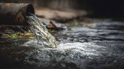 Fototapeta premium Polluted water flowing from a pipe into a contaminated river, highlighting environmental and water pollution issues.