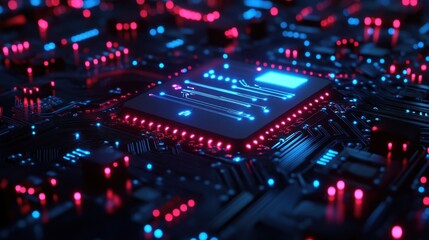 Obraz premium A captivating closeup of a glowing microchip on a vibrant circuit board, featuring intricate details and colorful LED lights, illustrating modern technology.