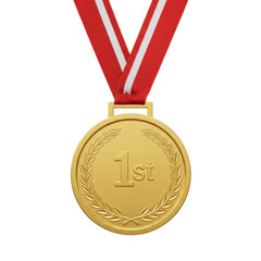 Pristine, polished gold medal with '1st' text and embossed laurel wreath design, suspended from a crisp red and white striped satin ribbon, isolated against a transparent studio background. Concept of