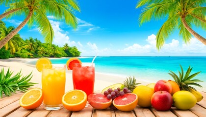 tropical cocktail on the beach on the table with fruits lemon pineapple grapefruit oranges fresh refreshing vibe seaside palm trees