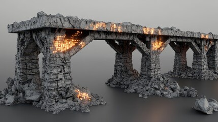 A crumbling stone bridge with glowing structural elements.