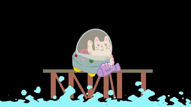 Animated cat in spaceship holds fish on pier over blue waves with black background.
