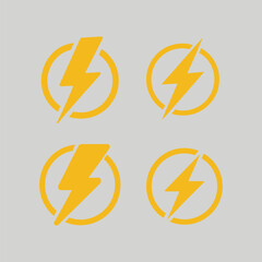 Set of Yellow Lightning Bolt Icons with Circle Elements on Gray Background, Energy Power Symbols for Technology, Electricity, Charging, and Web Design
