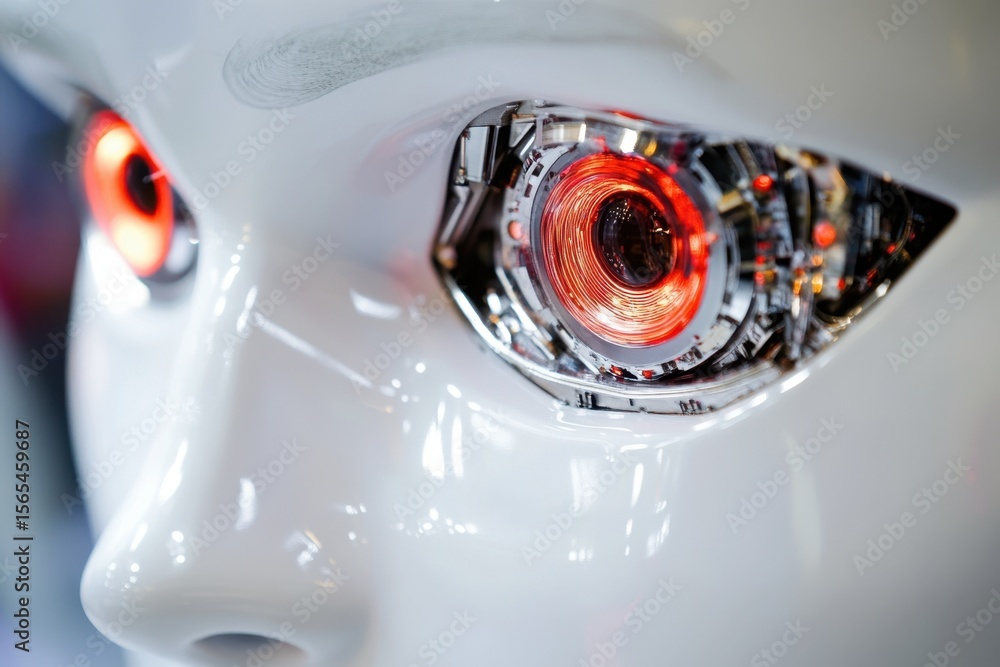 Aufkleber this close-up image showcases a futuristic robot face featuring intricate details and glowing red ey