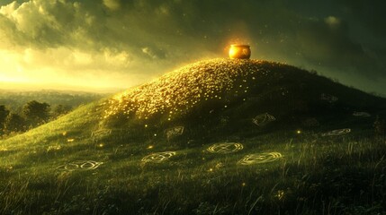 Golden Pot Atop Hill Of Gold Coins And Symbols