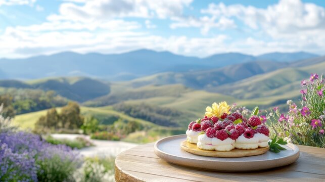 Berry Tart with Mountain Vista: A delectable berry tart sits atop a rustic wooden table, with a panoramic mountain view as a breathtaking backdrop.