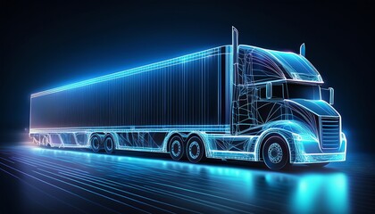futuristic semi trailer truck design with a glowing digital aesthetic ideal for illustrating logistics technology and transportation innovation abstract wireframe in dark blue