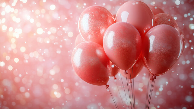 Bunch of pink balloons floating against a sparkling background for a celebration or party atmosphere