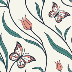 Butterflies and Tulips Floral Seamless Pattern