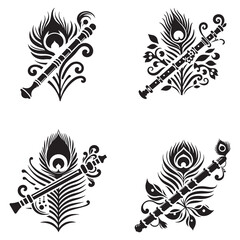 Silhouette vector icon of flute crossed with a peacock feather, symbolic Krishna element, minimal Indian design on white background
