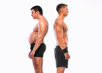 Before and After Fitness Transformation Concept, Overweight and Fit Man Comparison