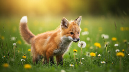 Playful fox kit with bushy tail, orange and white, cute design