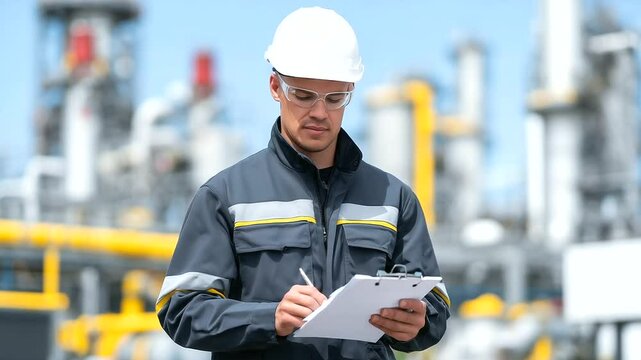 Petrochemical technician in safety gear walks beside roaring gas compressors, holding clipboard with refinery schematics, surrounded by sprawling industrial infrastructure.