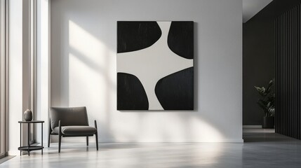 Black and white abstract painting hangs on a white wall in a room