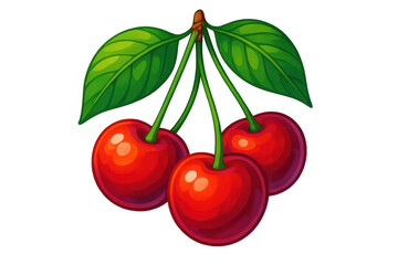 Obraz premium Vibrant red cherries dangling from verdant stem, gleaming against transparent backdrop, ideal for culinary graphic design and menu illustrations
