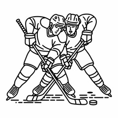 Fototapeta premium A black-and-white sketch of two hockey players in action, facing each other, with sticks clashing over a puck. The players are in full gear, showcasing intensity and competition.