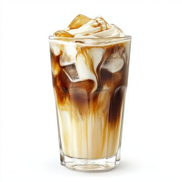 Glass of cold iced coffee with vanilla cream swirl, isolated on white background.