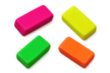 Vibrant school erasers arranged neatly, displaying multicolored rubber surfaces against clean transparent backdrop