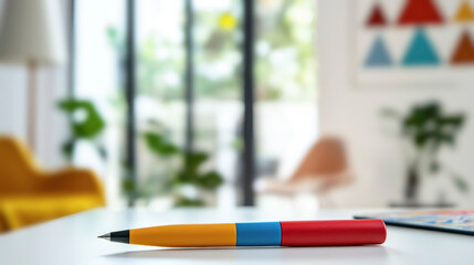 Colorful pen on a table in front of a window