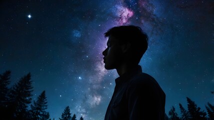 Obraz premium Silhouette of a person’s profile with a vivid starry galaxy sky background, creating a dreamy double exposure effect with pine trees and the Milky Way