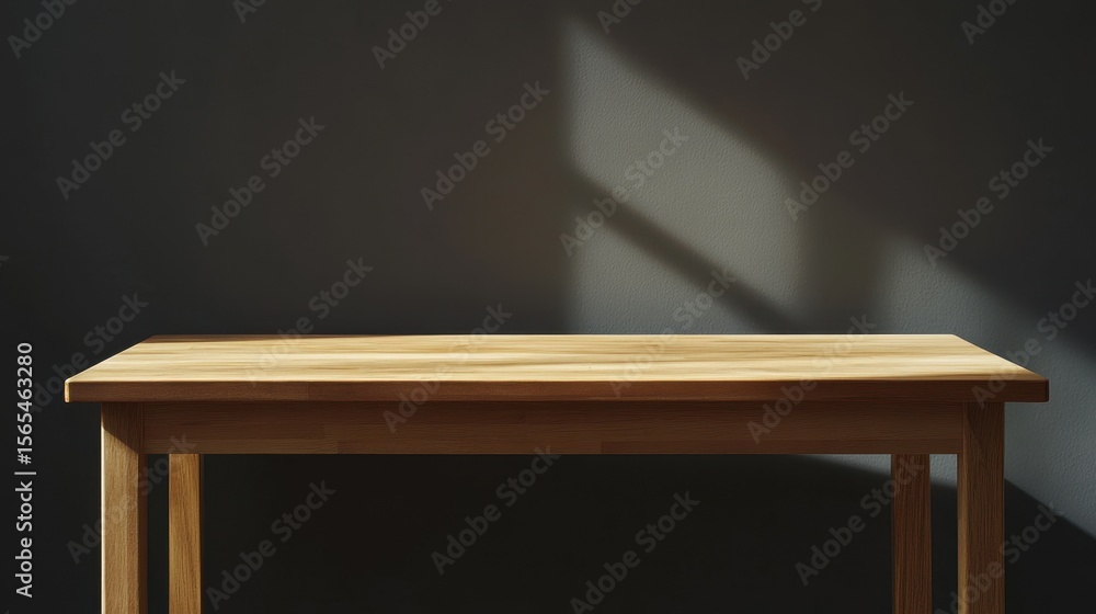 Poster a simple wooden table captures natural light and casts soft shadows, creating a serene and minimalis