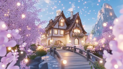 Enchanting Cottage in Springtime: A charming, storybook cottage nestled amidst a blossoming garden, with a picturesque bridge leading to its welcoming front door.