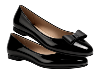 Black patent leather ballet flats with bow detail on the toe
