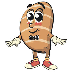 cute salted butter roll mascot cartoon vector illustration with a bow tie, bakery bread character with happy face and red shoes isolated on transparant backnground, work of hand drawn