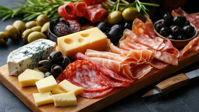 An assortment of cheeses and cured meats, garnished with olives, presented on a wooden serving platter for an appetizing antipasto. Ideal for pairing with wine or enjoying as a light snack.