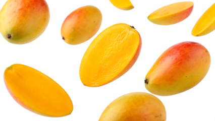 Flying falling mango cube slices isolated on a white background PNG. AI GENERATED.