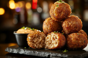 Crispy boudin balls with rice filling and dipping sauce