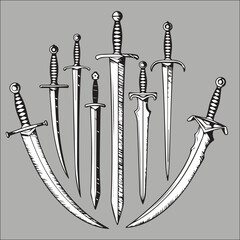 Sword Collection: A stunning illustration featuring an array of swords with varying designs, shapes, and sizes against a cool-toned background, representing a symbol of strength and courage.