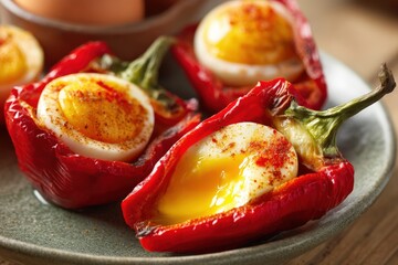Delicious stuffed peppers filled with eggs, spices, and flavor ready for breakfast