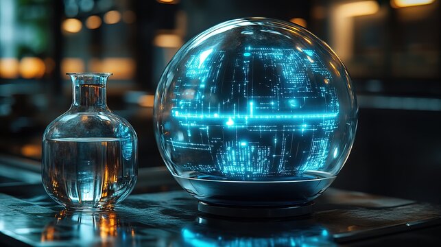 A clear glass sphere, displaying glowing digital data, sits on a dark surface next to a clear glass flask