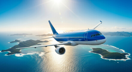 Fototapeta premium Airplane Flying Over Tropical Islands - A passenger airplane soars above a stunning archipelago of lush green islands surrounded by turquoise water under a bright sun