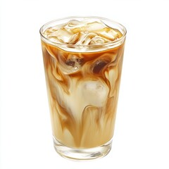 Glass of cold iced coffee with vanilla cream swirl, isolated on white background.