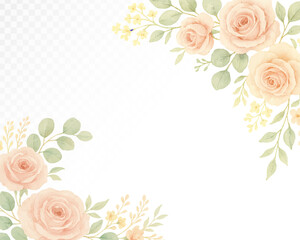 Elegant watercolor floral corner frame with soft pastel roses and green foliage in delicate romantic style for wedding invitations, greeting cards, and decorative festive projects. Vector illustration