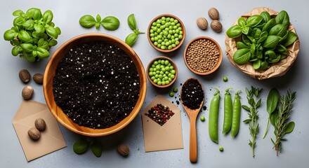 Naklejka premium Spring Gardening Flatlay with Seeds, Soil, Herbs, and Seedlings on Grey Background – Top View