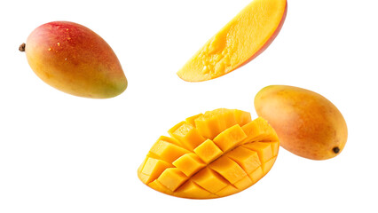 Flying falling mango cube slices isolated on a white background PNG. AI GENERATED.