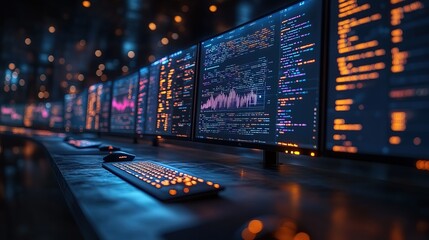 Multiple computer screens displaying data visualizations, code, and graphs in a dark, modern control room